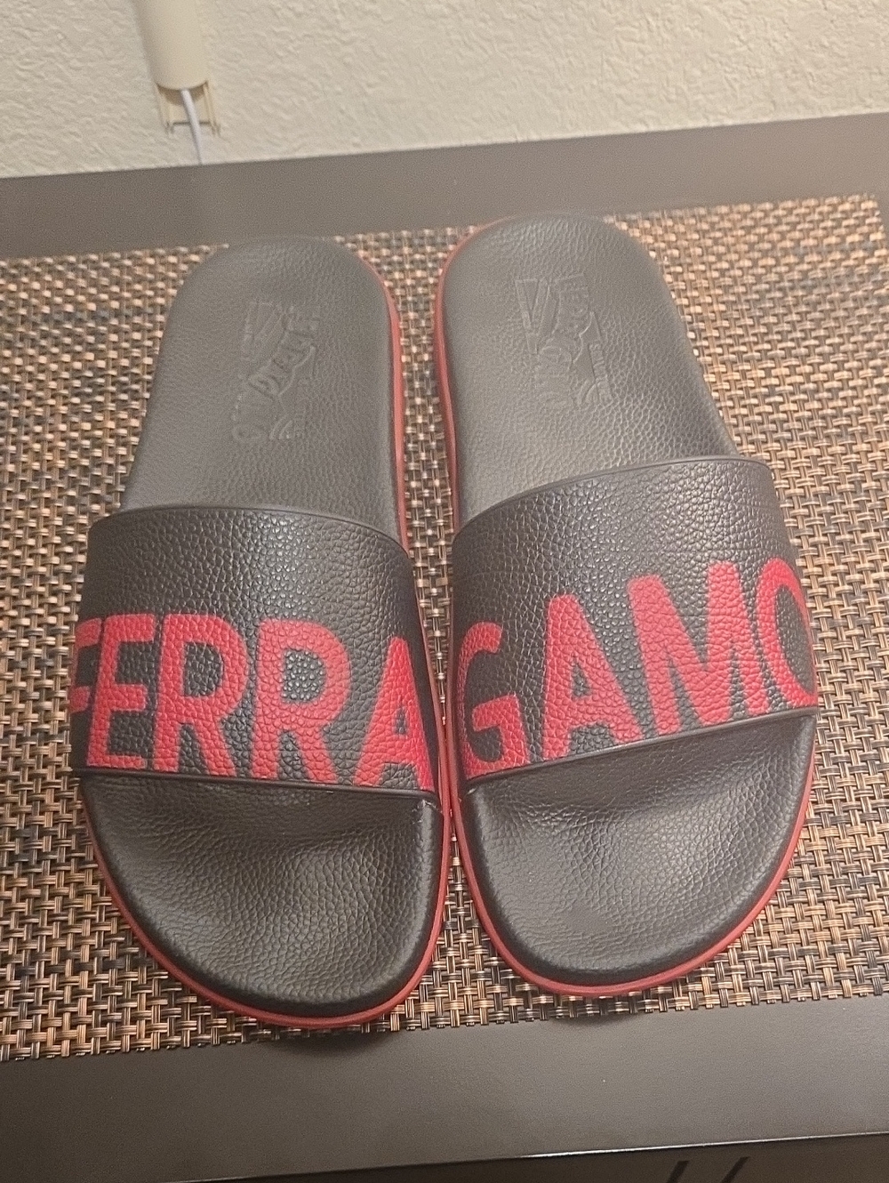 Salvatore Ferragamo Black Slides with Red Logo Band